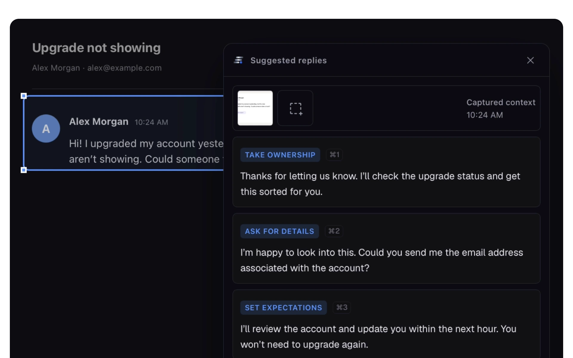 WriteButler reply suggestions listed beside the captured conversation