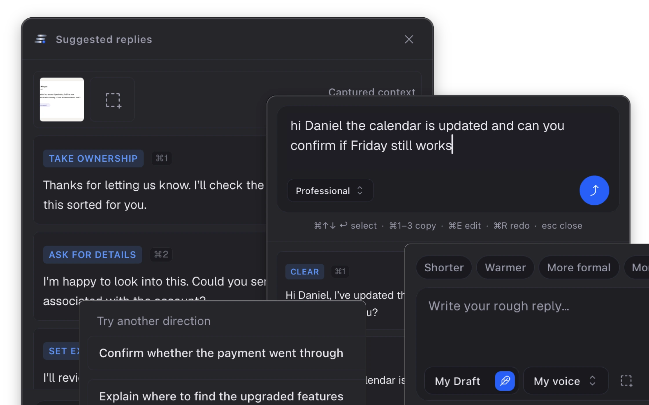 WriteButler suggested replies beside the composer turning a rough note into polished versions