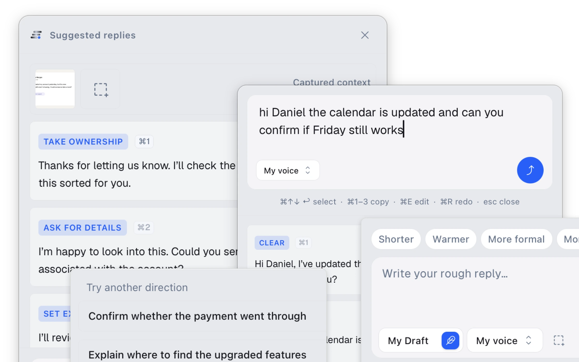 WriteButler suggested replies beside the composer turning a rough note into polished versions